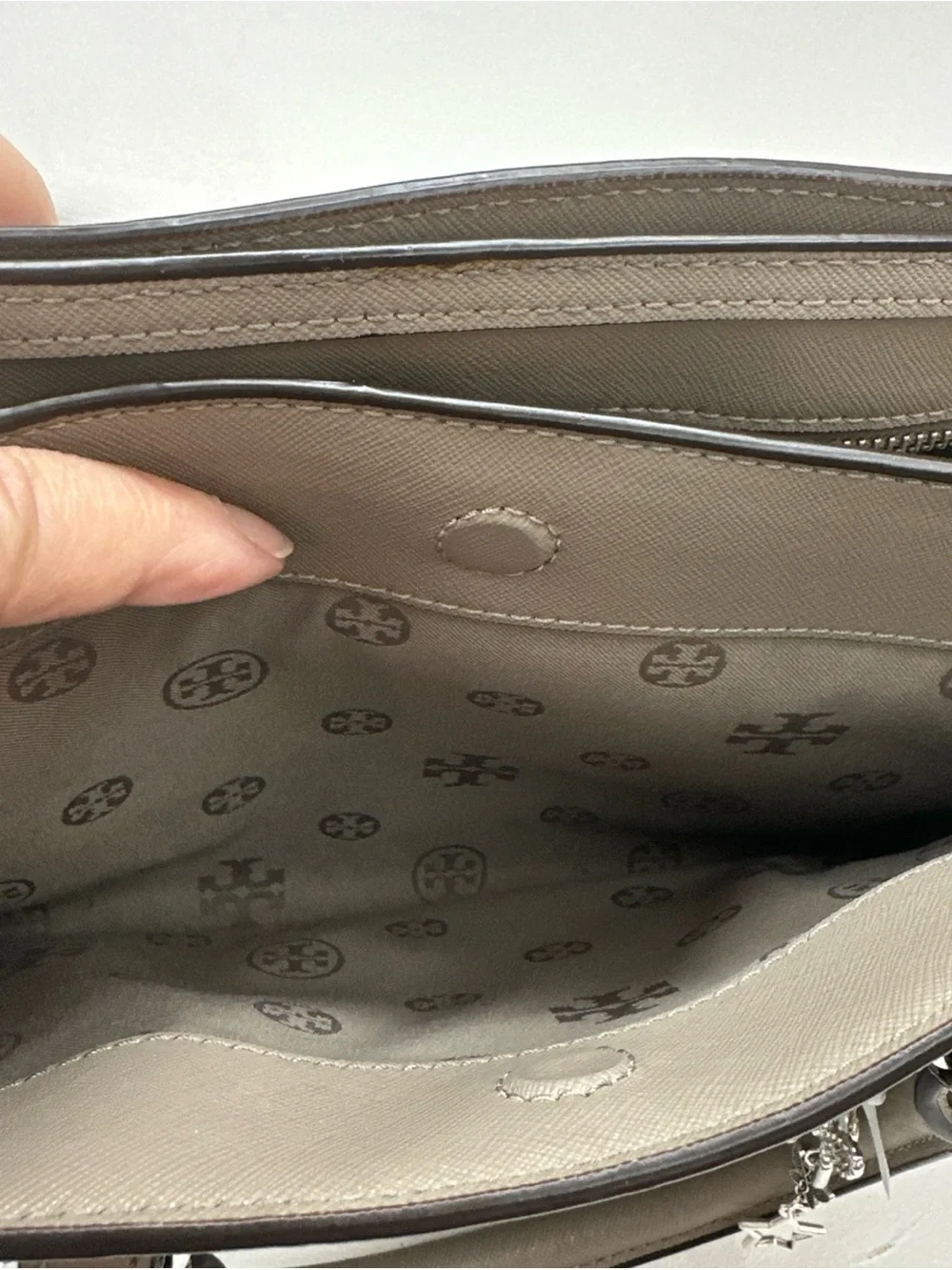 Tory Burch Olive Taupe Leather Tote with Charm